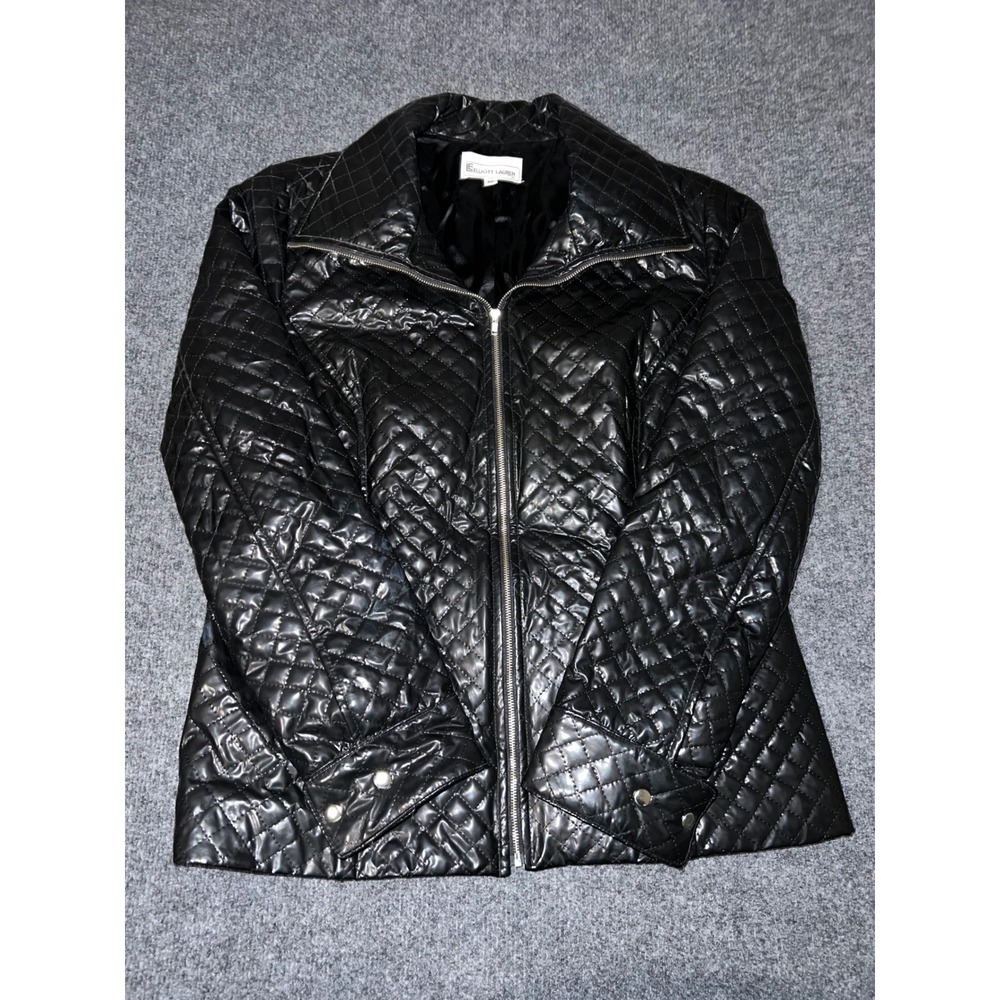 Elliott Lauren Womens Black Quilted Zip Up Jacket Size 10 Glossy Puffer Moto